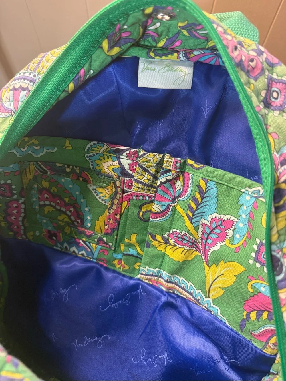Vera Bradley Green Paisley Quilted Backpack with Bright Trim